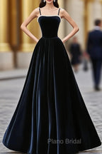 Dark Navy Blue Velvet Long Formal Prom Dresses, Dark Navy Blue Velvet Long Formal Evening Dresses