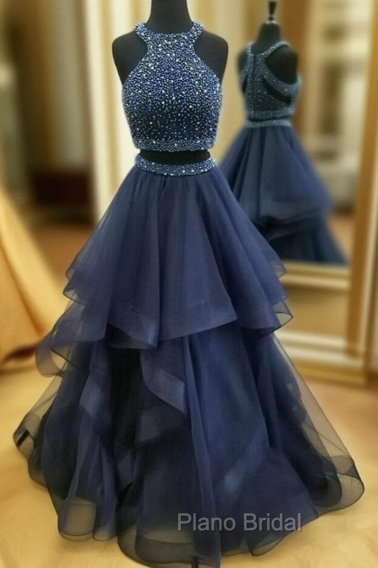 Dark Navy Halter Two Piece High Neck Tulle Beading Formal Prom Dresses