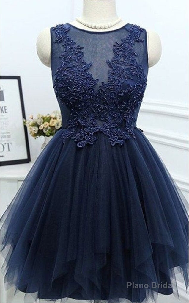 Dark Navy Jewel Sleeveless Homecoming Dresses,Appliques Beading A Line Tulle Semi Formal Dress