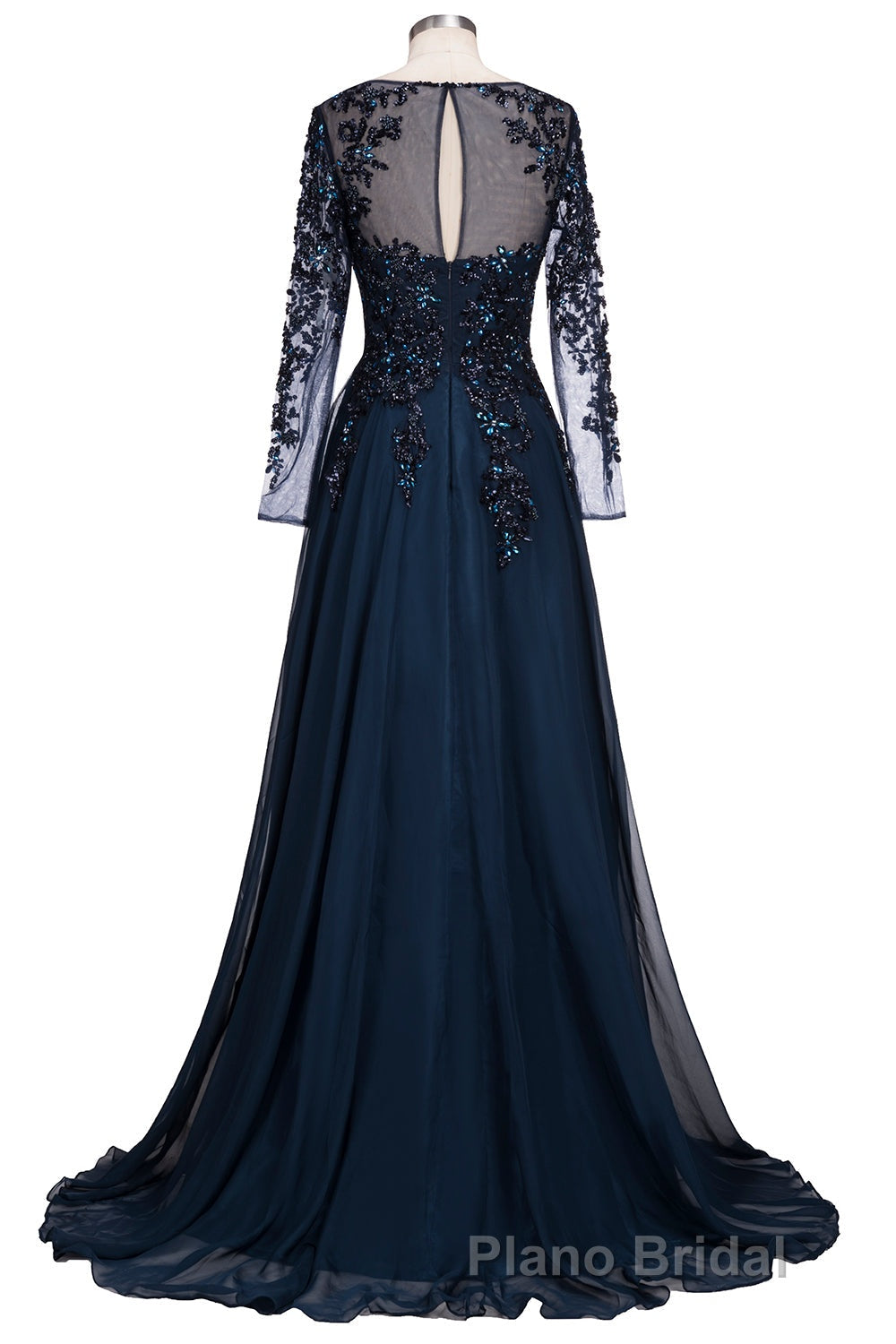 Dark Navy Long A-line Jewel Tulle Formal Evening Dresses with Sleeves Secondary image
