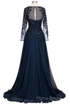 Dark Navy Long A-line Jewel Tulle Formal Evening Dresses with Sleeves