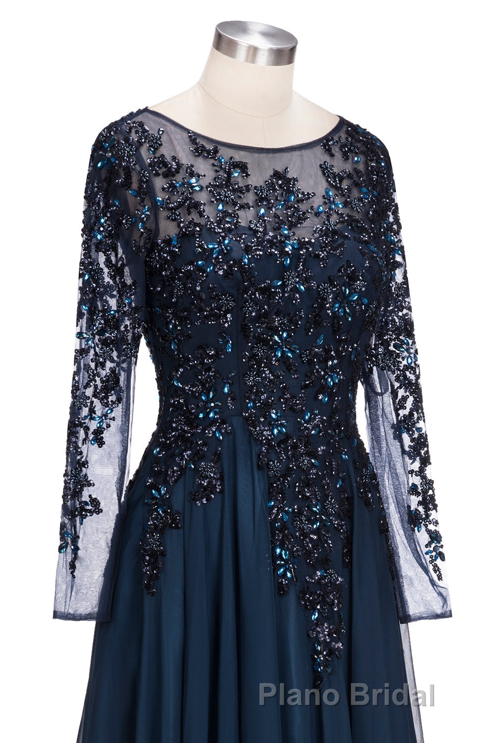 Dark Navy Long A-line Jewel Tulle Formal Evening Dresses with Sleeves