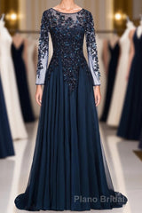 Dark Navy Long A-line Jewel Tulle Formal Evening Dresses with Sleeves
