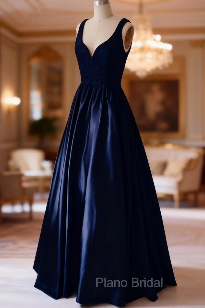 Dark Navy Formal Prom Dresses, A-line/Princess V Neck Sleeveless Long/Floor-Length Satin Formal Prom Dresses Main image