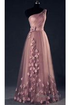 Dark Pink One Shoulder Flowers Tulle Bridesmaid Dresses, A-Line Pink Formal Prom Dresses