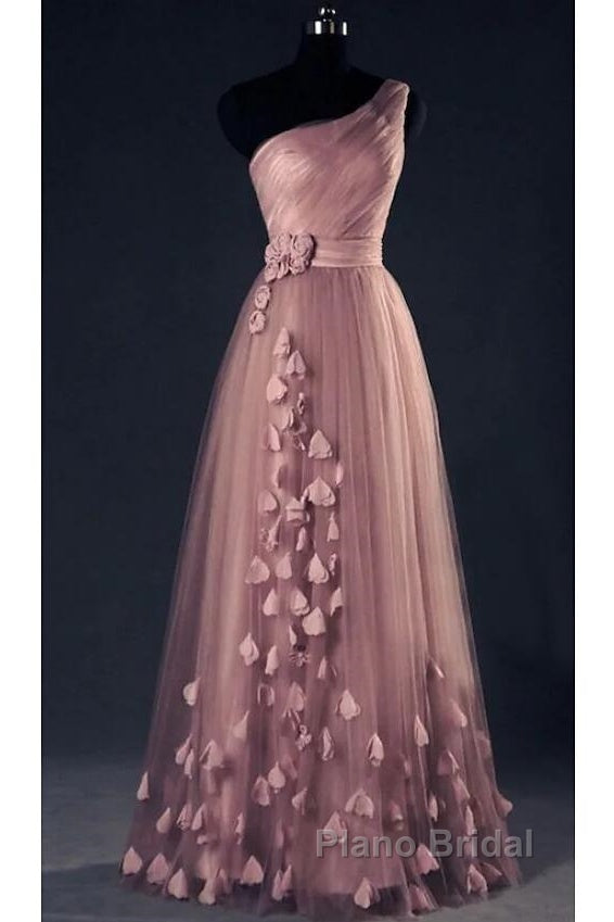 Dark Pink One Shoulder Flowers Tulle Bridesmaid Dresses, A-Line Pink Formal Prom Dresses