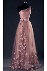 Dark Pink One Shoulder Flowers Tulle Bridesmaid Dresses, A-Line Pink Formal Prom Dresses
