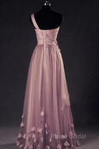 Dark Pink One Shoulder Flowers Tulle Bridesmaid Dresses, A-Line Pink Formal Prom Dresses