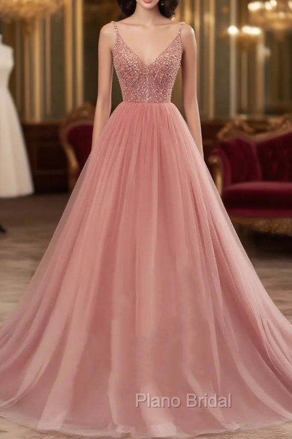 Dark Pink Sequins V-neckline Straps Long Evening Dresses, Tulle Pink Formal Prom Dresses Main image