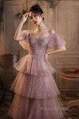 Dark Pink Shiny Tulle Short Sleeves Party Dresses, Beaded Pink Tulle Formal Prom Dresses