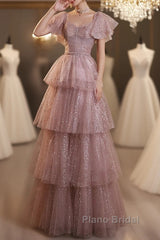 Dark Pink Shiny Tulle Short Sleeves Party Dresses, Beaded Pink Tulle Formal Prom Dresses