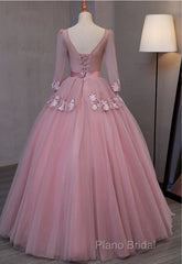 Dark Pink V-Neckline Ball Gown Lace Applique Sweet 16 Dresses, Pink Formal Prom Dresses Party Dresses