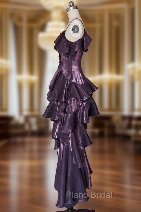 Dark Purple Asymmetrical Layered Flounce Spaghetti Strap Dresses Evening Gown Main image