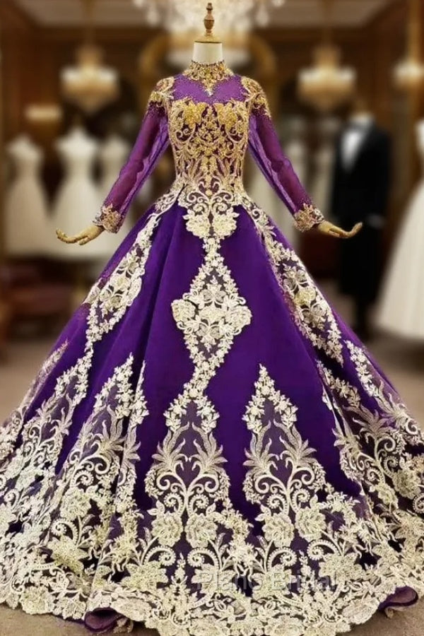 Dark Purple Ball Gown Tulle Long Sleeve High Neck Wedding Dresses