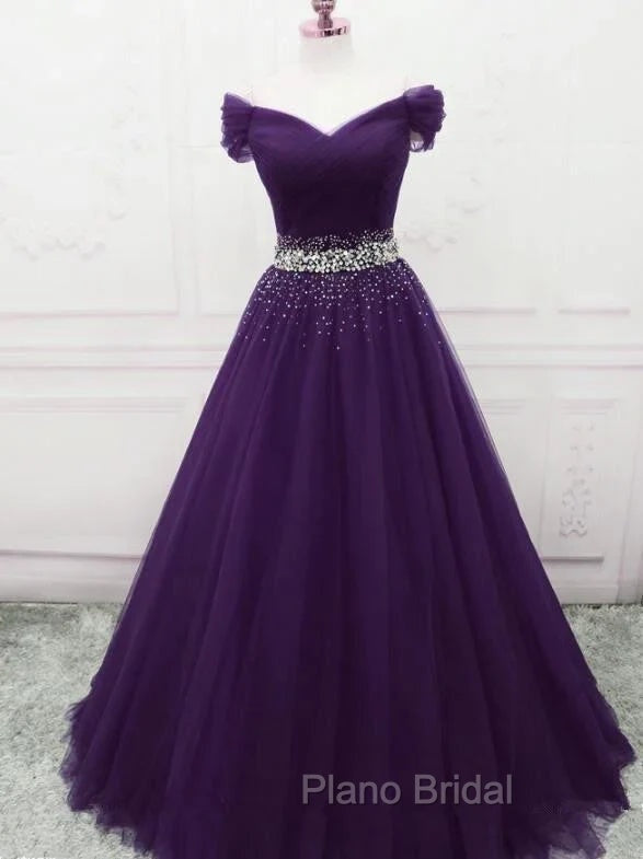 Dark Purple Beaded Tulle Off Shoulder Party Dresses Purple Junior Formal Prom Dresses Formal Prom Dresses shops Secondary image