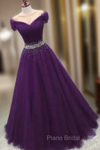 Dark Purple Beaded Tulle Off Shoulder Party Dresses Purple Junior Formal Prom Dresses Formal Prom Dresses shops