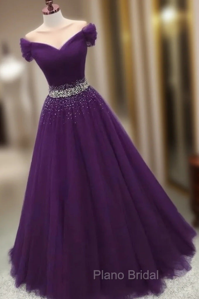 Dark Purple Beaded Tulle Off Shoulder Party Dresses Purple Junior Formal Prom Dresses Formal Prom Dresses shops
