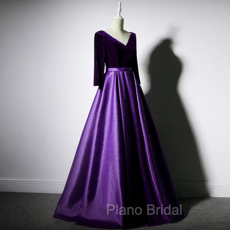 Dark Purple Long Sleeves V-neckline Velvet and satin Long Party Dresses, Long Evening Dresses Formal Prom Dresses Secondary image