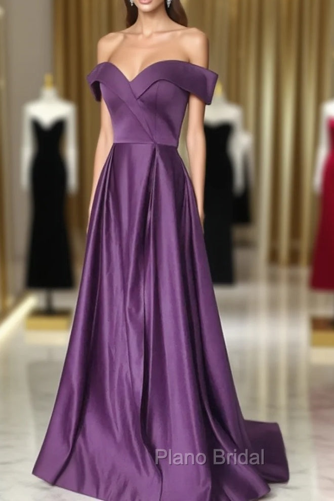Dark Purple Satin Off Shoulder Long Formal Dresses, Purple Evening Dresses Formal Prom Dresses Main image