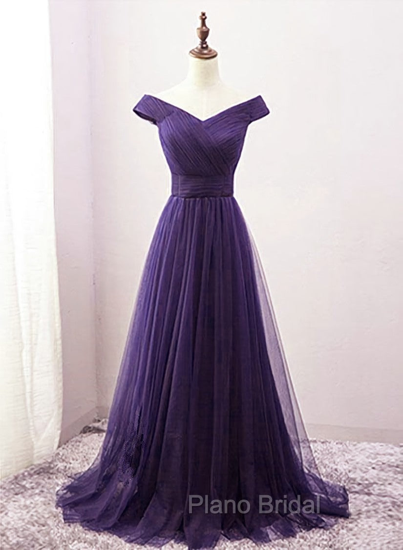 Dark Purple Sweetheart Tulle Off Shoulder Bridesmaid Dresses, Long Formal Prom Dresses