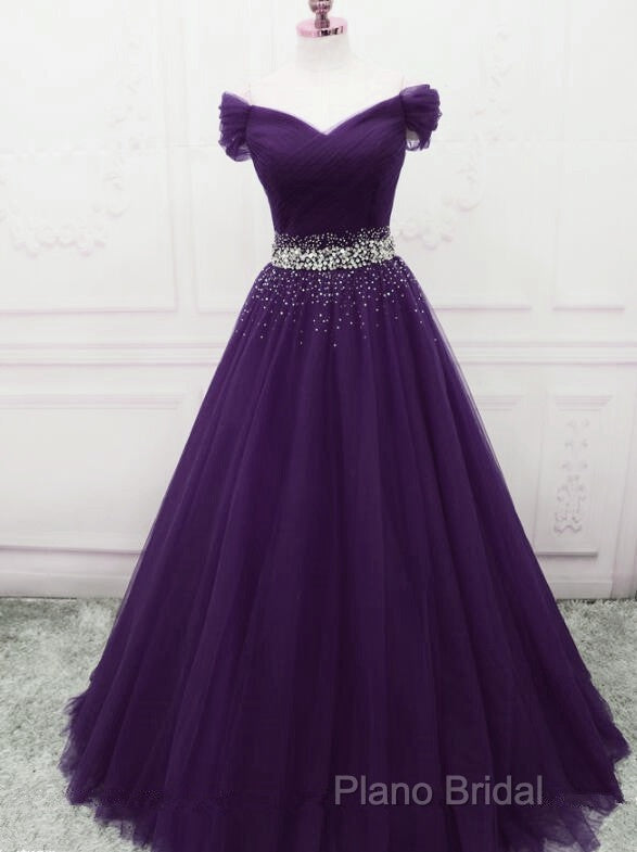 Dark Purple Tulle Long Formal Prom Dresses, Beautiful Junior Formal Prom Dresses