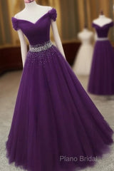 Dark Purple Tulle Long Formal Prom Dresses, Beautiful Junior Formal Prom Dresses