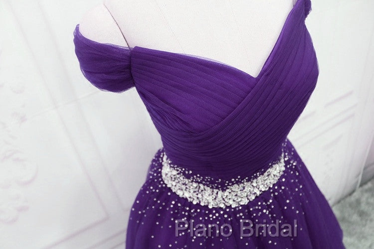Dark Purple Tulle Long Formal Prom Dresses, Junior Formal Prom Dresses