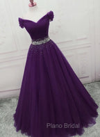Dark Purple Tulle Long Formal Prom Dresses, Junior Formal Prom Dresses
