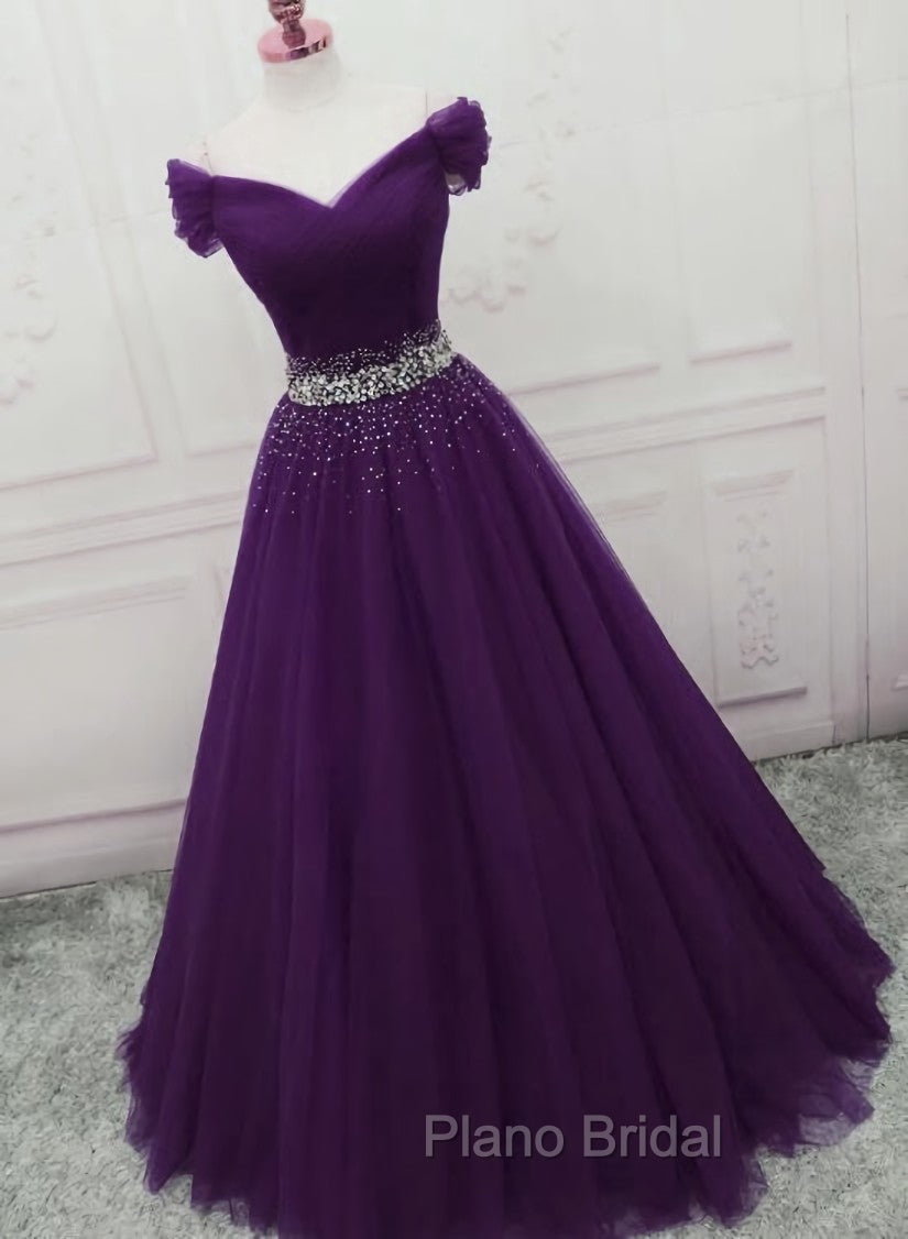 Dark Purple Tulle Long Formal Prom Dresses, Junior Formal Prom Dresses