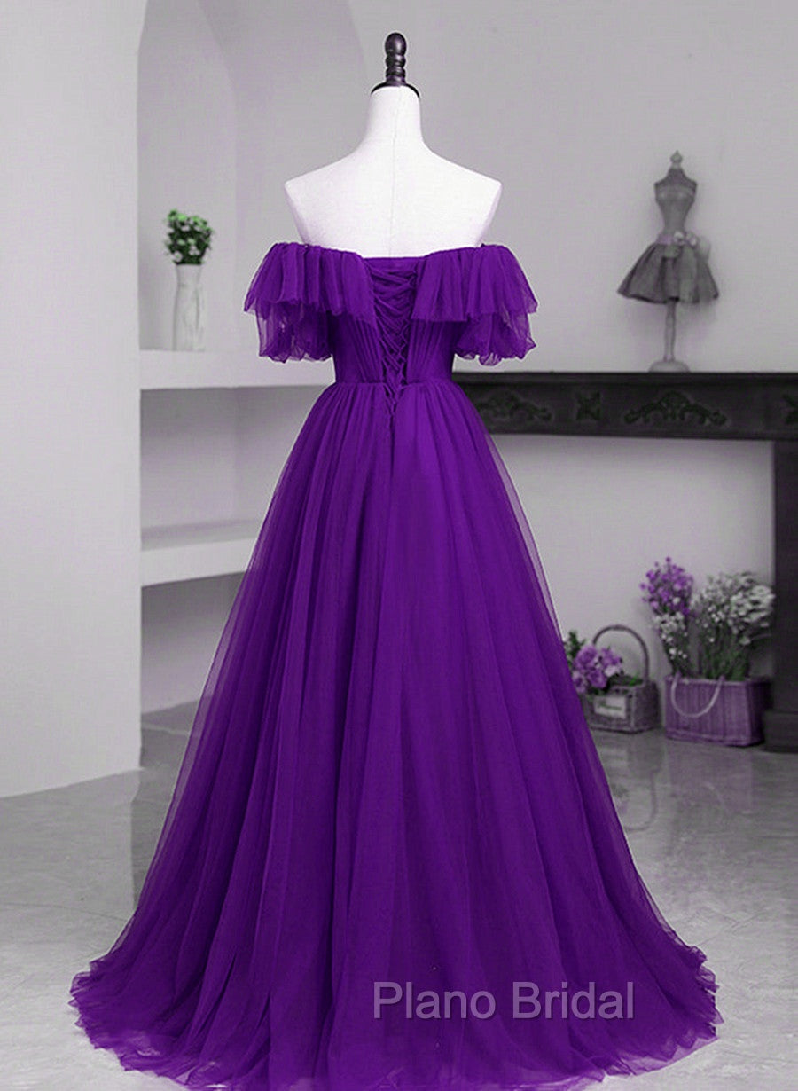 Dark Purple Tulle Off Shoulder Long Party Dresses, A-line Purple Formal Prom Dresses