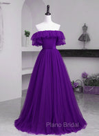 Dark Purple Tulle Off Shoulder Long Party Dresses, A-line Purple Formal Prom Dresses