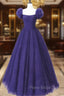 Dark Purple Tulle Scoop A-line Long Formal Dresses, Dark Purple Evening Dresses Formal Prom Dresses