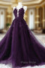 Dark Purple Tulle with Lace Applique Formal Dresses, Purple Evening Dresses