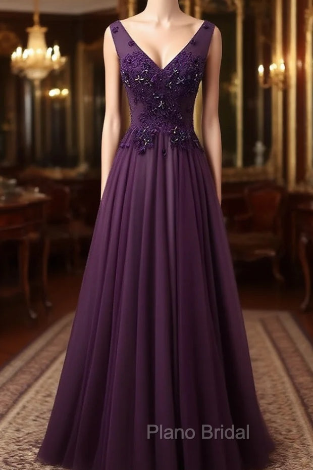 Dark Purple V-neckline Beaded Tulle Long Formal Dresses Purple Evening Dresses Formal Prom Dresses shops Main image