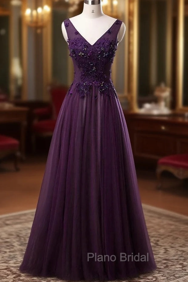 Dark Purple V-neckline Beaded Tulle Long Formal Dresses, Purple Evening Dresses Main image