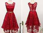 Dark Red High Low Lace Party Dresses Homecoming Dresses, Red Short Formal Prom Dresses