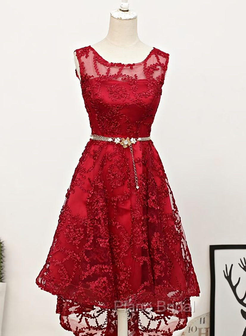 Dark Red High Low Lace Party Dresses Homecoming Dresses, Red Short Formal Prom Dresses