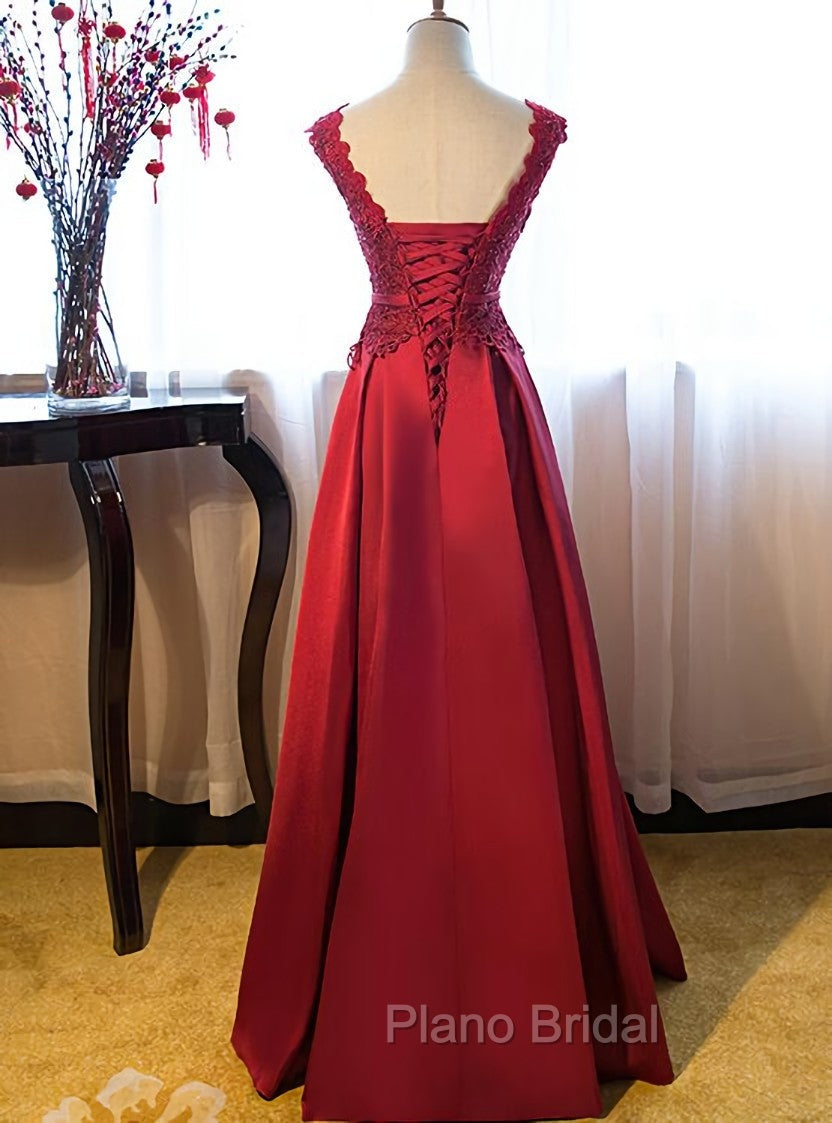 Dark Red Lace Long Junior Formal Prom Dresses, Lace Top Party Dresses Secondary image