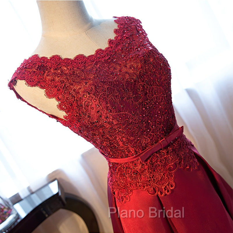 Dark Red Lace Long Junior Formal Prom Dresses, Lace Top Party Dresses
