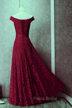 Dark Red Lace Off Shoulder Bridesmaid Dresses, Long Formal Prom Dresses
