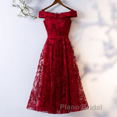 Dark Red Lace Off Shoulder Short Party Dresses Formal Dresses, Wine Red Homecoming Dresses