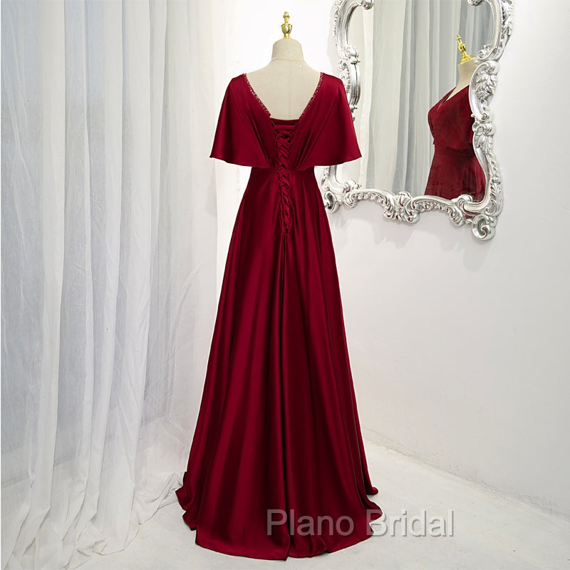 Dark Red Satin A-line Floor Length Evening Dresses, Wine Red Wedding Party Dresses Secondary image