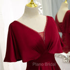 Dark Red Satin A-line Floor Length Evening Dresses, Wine Red Wedding Party Dresses