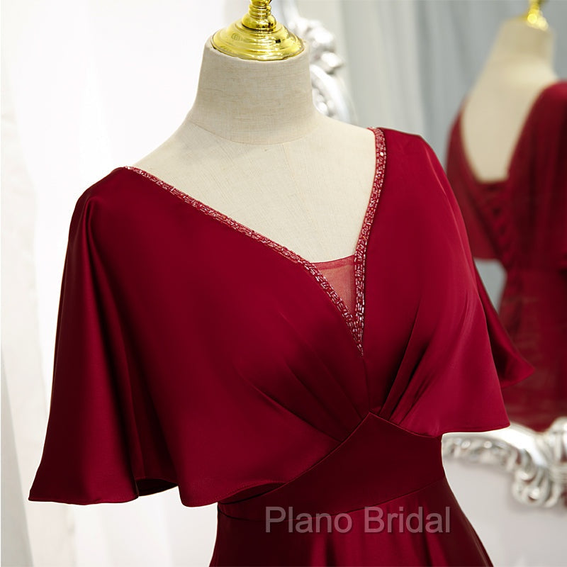 Dark Red Satin A-line Floor Length Evening Dresses, Wine Red Wedding Party Dresses