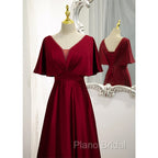 Dark Red Satin A-line Floor Length Evening Dresses, Wine Red Wedding Party Dresses