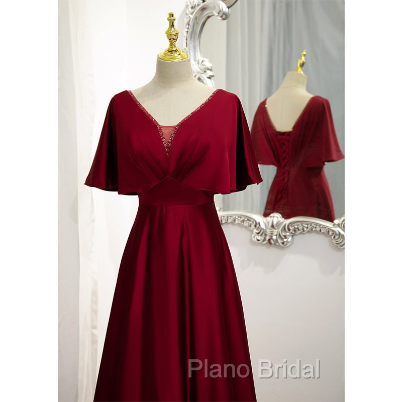 Dark Red Satin A-line Floor Length Evening Dresses, Wine Red Wedding Party Dresses