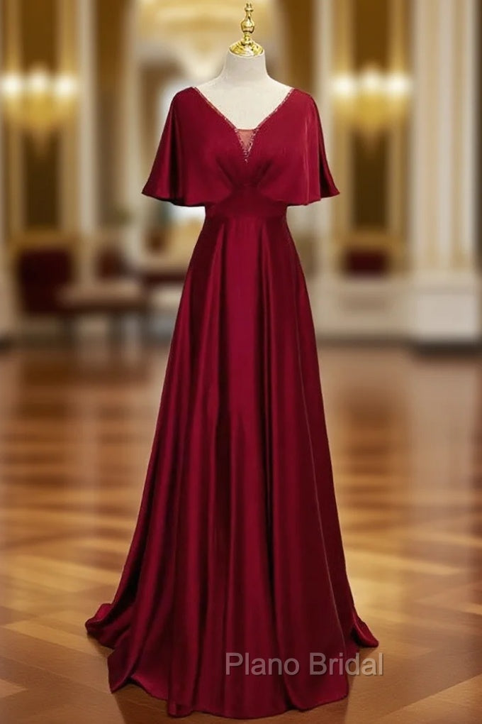 Dark Red Satin A-line Floor Length Evening Dresses, Wine Red Wedding Party Dresses Main image