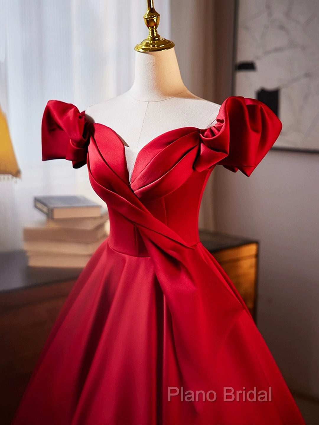 Dark Red Satin Long Formal Prom Dresses, Off The Shoulder A-Line Formal Dresses Secondary image