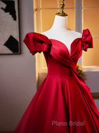 Dark Red Satin Long Formal Prom Dresses, Off The Shoulder A-Line Formal Dresses
