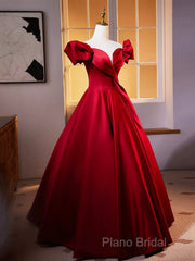 Dark Red Satin Long Formal Prom Dresses, Off The Shoulder A-Line Formal Dresses